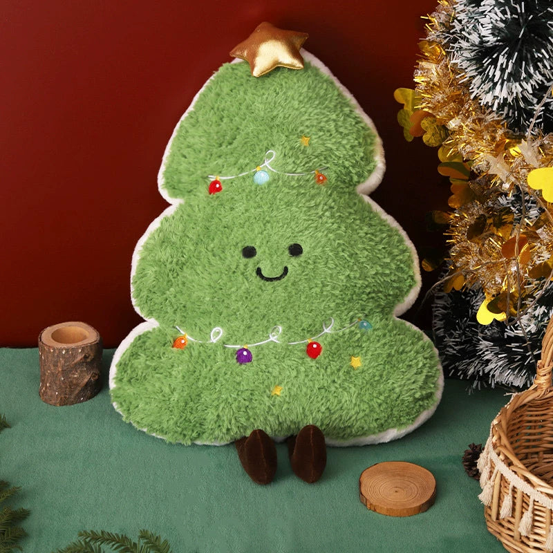 Adorable Festive Tree Cushion with Fairy Lights & Smiling Face | Soft Decor