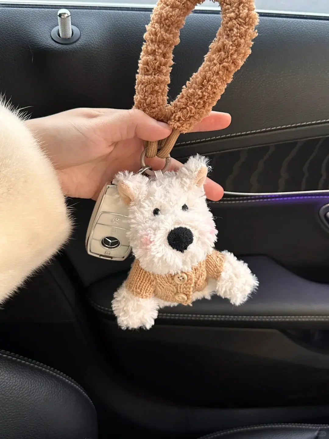Cute Puppy Dog Plush Keychain with Khaki Cardigan - Soft Stuffed Pendant