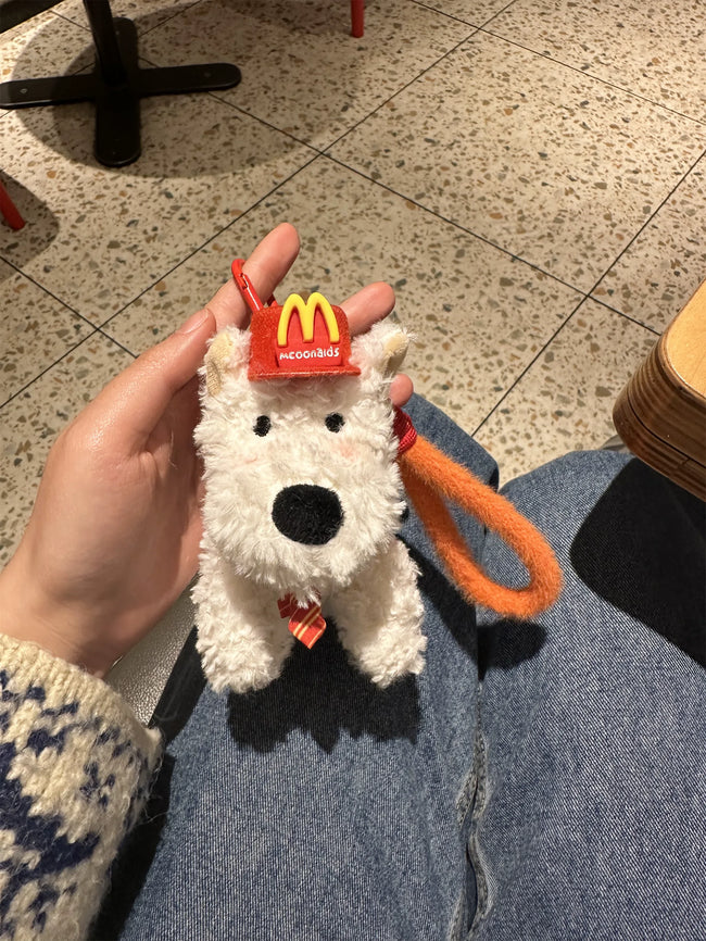 Cute Puppy Dog Plush Keychain with Fast Food Cap - Soft Stuffed Pendant Hover Image