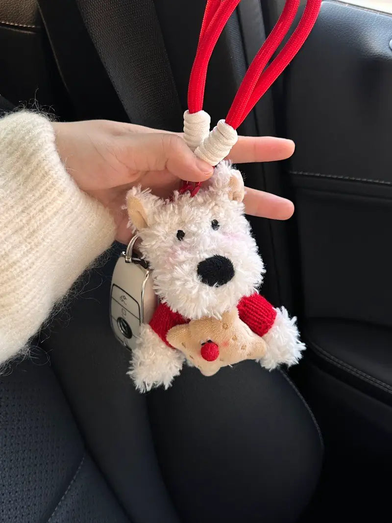 Cute Puppy Dog Plush Keychain with Red Sweater & Cookie Doll - Soft Stuffed Pendant