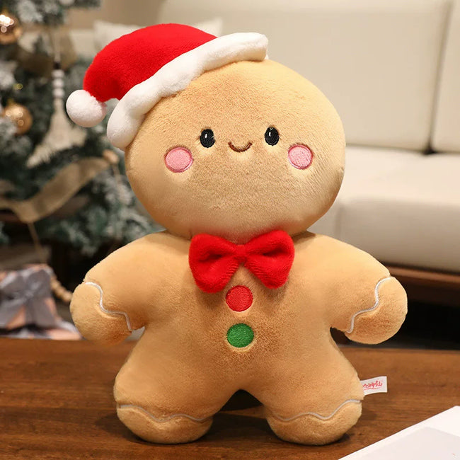 Adorable Festive Gingerbread Cookie Plushie with Red Bow Tie & Rosy Cheeks | Cozy Decor Hover Image