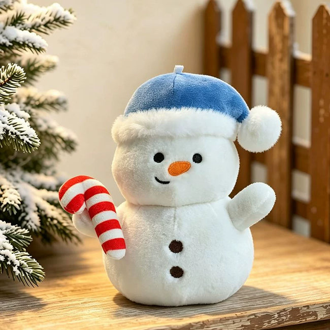 Adorable Festive Snowman Plushie with Blue Hat & Candy Cane | Soft Room Decor Hover Image