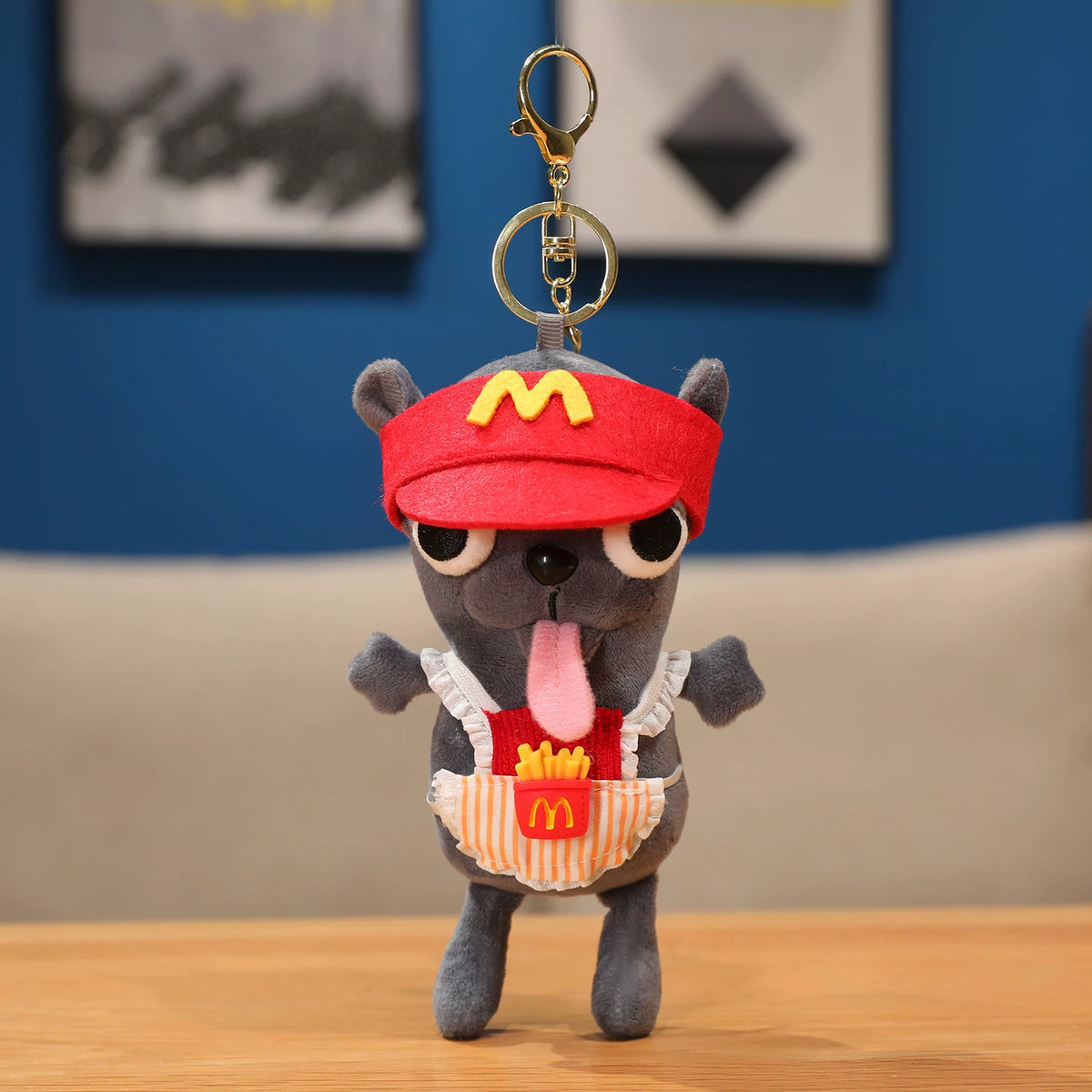Cute Dark Grey Puppy Dog Plush Keychain with Fast Food Uniform - Soft Stuffed Pendant