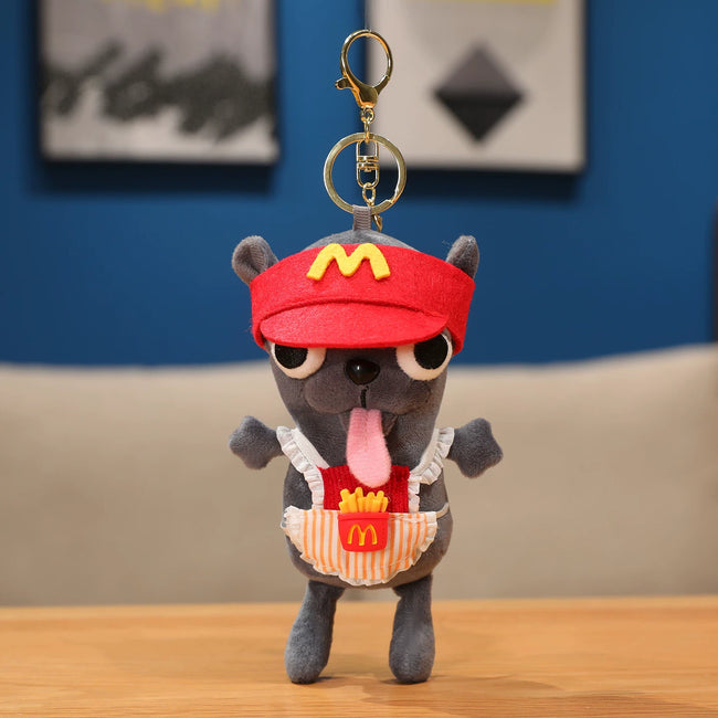 Cute Dark Grey Puppy Dog Plush Keychain with Fast Food Uniform - Soft Stuffed Pendant Hover Image