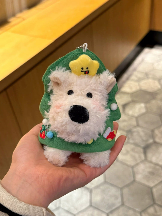 Cute Puppy Dog Plush Keychain with Christmas Tree Costume - Soft Stuffed Pendant Hover Image