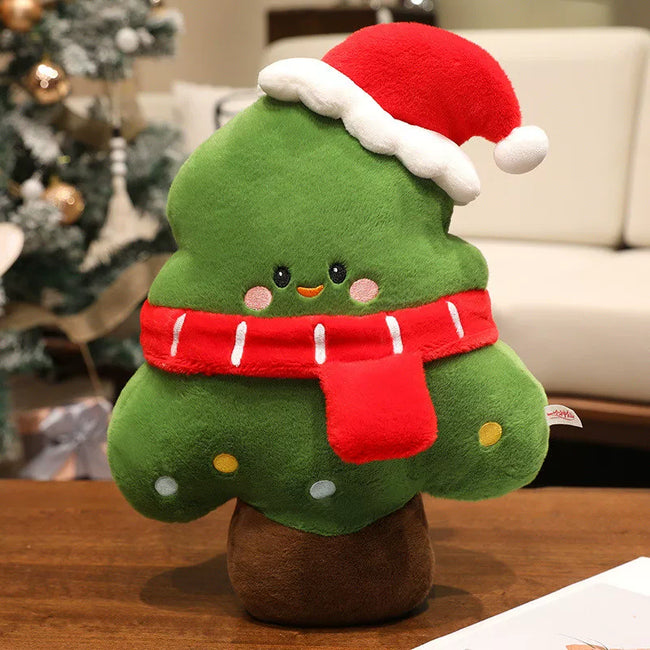 Adorable Festive Tree Plushie with Red Santa Hat & Scarf | Cozy Decor Hover Image