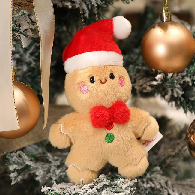Adorable Mini Gingerbread Cookie Plushie Pendant with Red Santa Hat & Bow Tie | Tree Ornament Hover Image