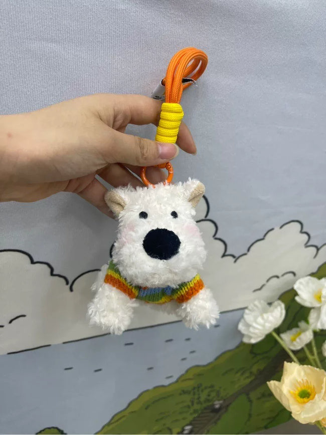 Cute Puppy Dog Plush Keychain with Rainbow Sweater - Soft Stuffed Pendant Hover Image