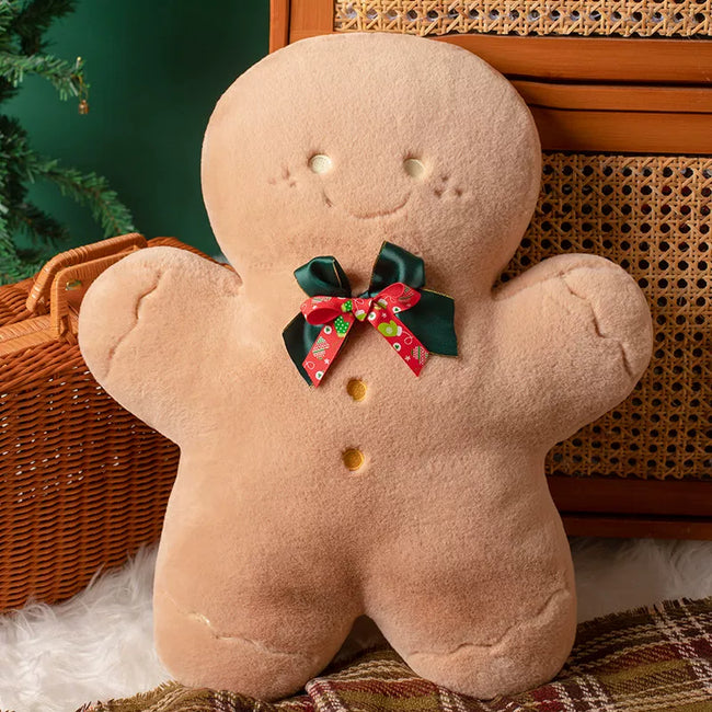 Adorable Festive Gingerbread Man Cushion with Holiday Bow | Soft Sofa Decor Hover Image