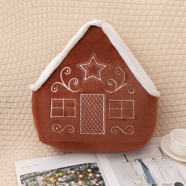 Adorable Festive Gingerbread Cottage Cushion with Snow Roof | Soft Sofa Decor Hover Image