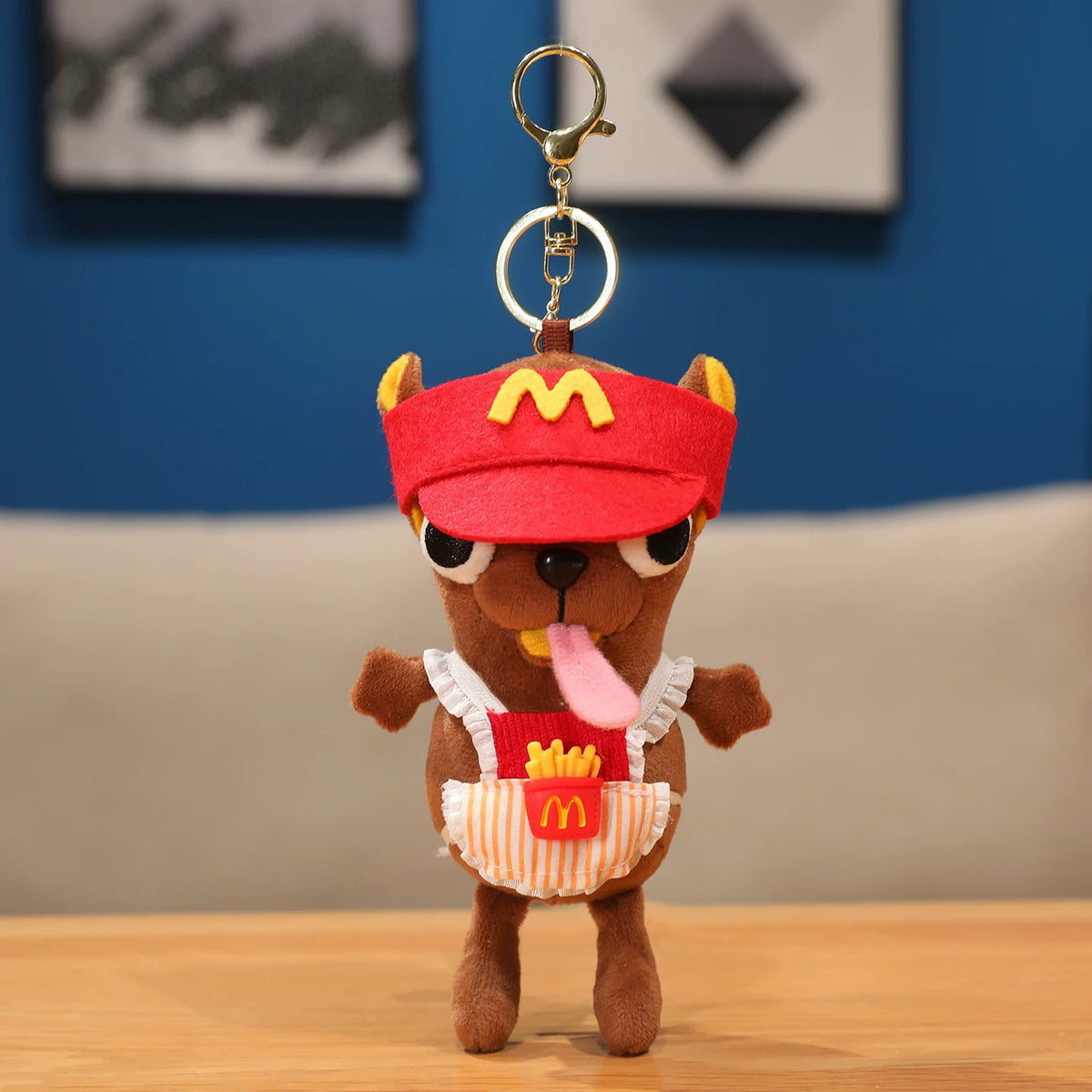 Cute Brown Puppy Dog Plush Keychain with Fast Food Uniform - Soft Stuffed Pendant