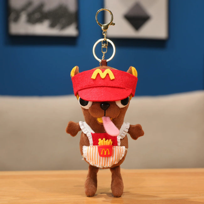 Cute Brown Puppy Dog Plush Keychain with Fast Food Uniform - Soft Stuffed Pendant Hover Image