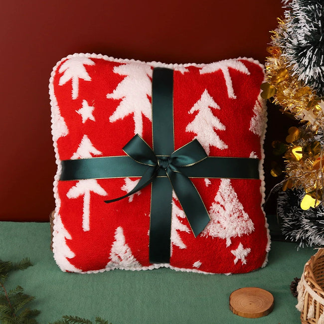 Adorable Festive Square Cushion with Christmas Trees & Green Bow | Soft Sofa Decor Hover Image