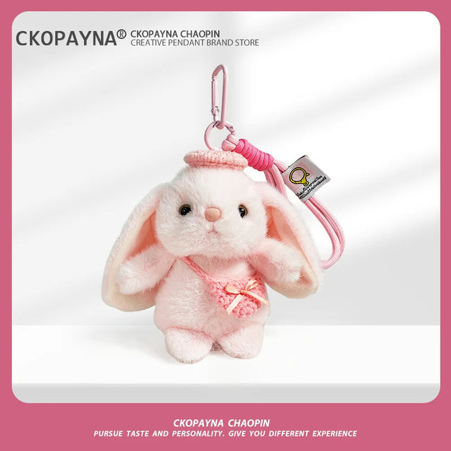 Adorable Kawaii Fluffy Lop-Eared Rabbit Plushie Keyring | Cute Bag Accessory Hover Image