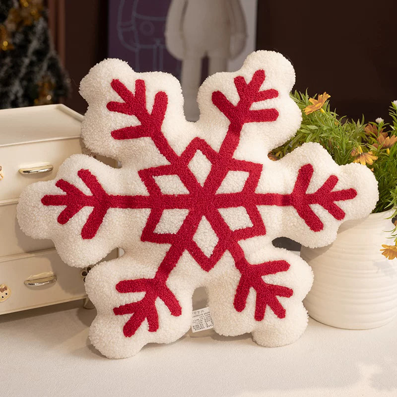 Adorable Festive Snowflake Cushion with Red Embroidery | Soft Winter Sofa Decor