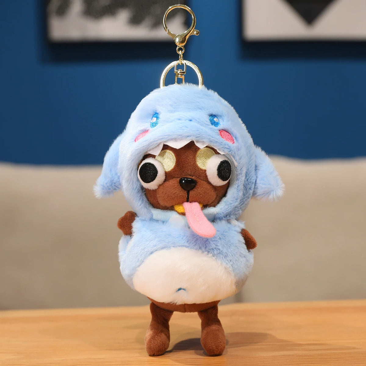 Cute Dark Brown Puppy Dog Plush Keychain in Blue Shark Costume - Soft Stuffed Pendant
