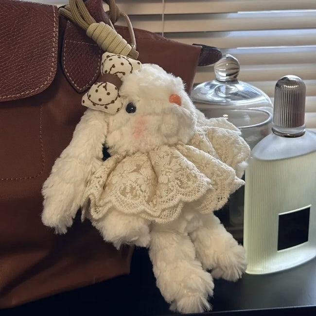 Cute Lace Dress Bunny Plush Keychain & Bag Charm - Soft Fluffy Pendant Hover Image