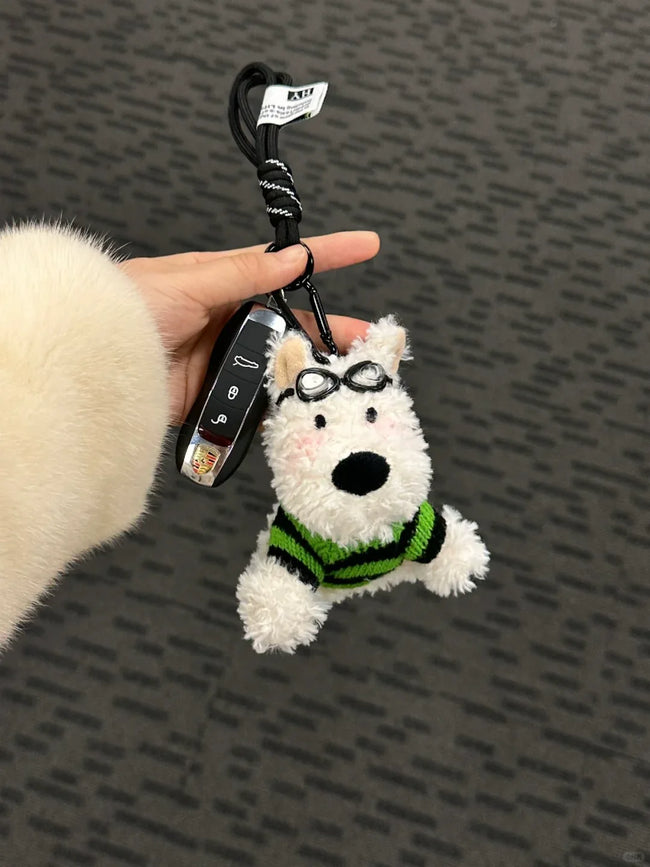 Cute Puppy Dog Plush Keychain with Glasses - Soft Stuffed Pendant Hover Image