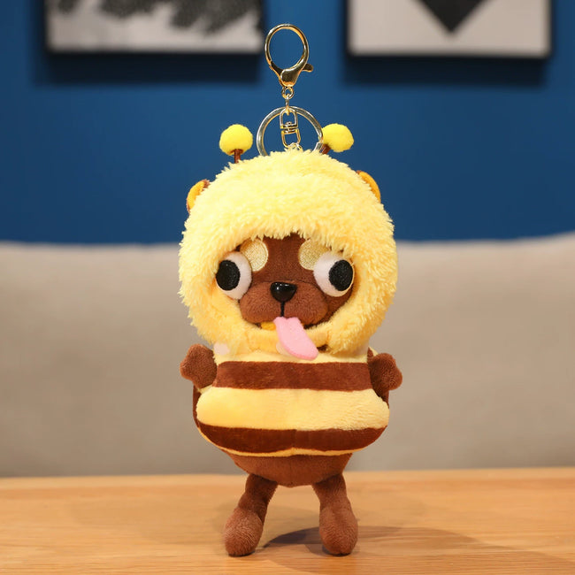 Cute Dark Brown Puppy Dog Plush Keychain in Bumblebee Costume - Soft Stuffed Pendant Hover Image