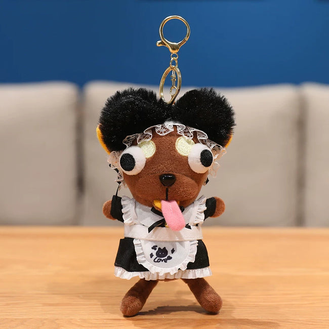 Cute Dark Brown Puppy Dog Plush Keychain in Maid Costume - Soft Stuffed Pendant Hover Image