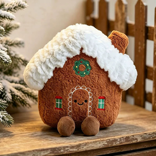 Adorable Festive Gingerbread Cottage Plushie with Snow Roof | Soft Sofa Decor Hover Image