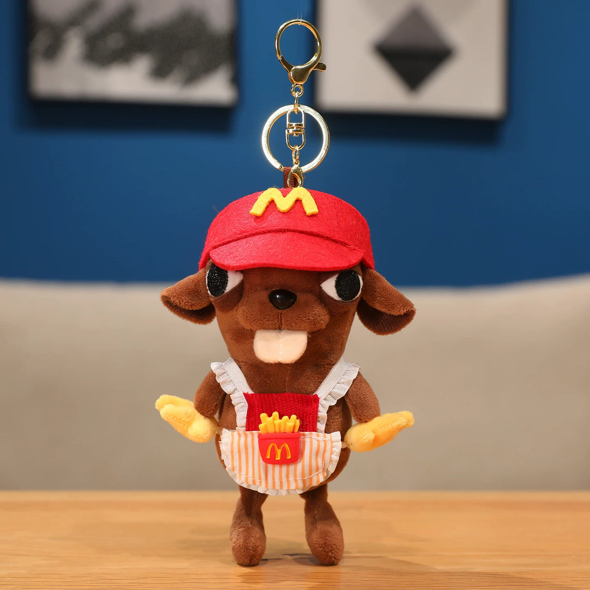 Cute Brown Puppy Dog Plush Keychain with Fast Food Uniform - Soft Stuffed Pendant