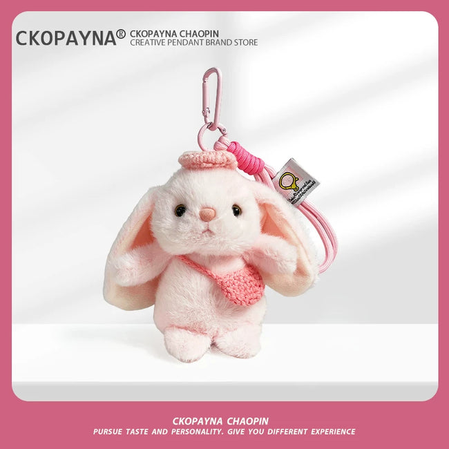 Cute Pink Bunny Plush Keychain with Crossbody Bag - Soft Stuffed Pendant Hover Image