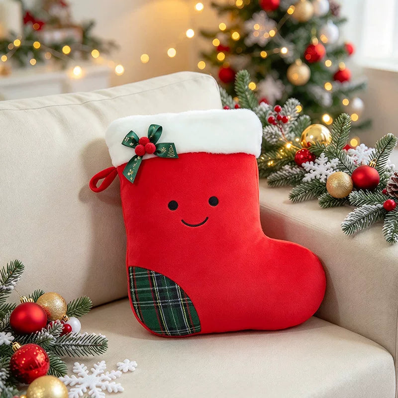 Adorable Festive Christmas Stocking Cushion with Holly Berries & Plaid Heel | Soft Sofa Decor