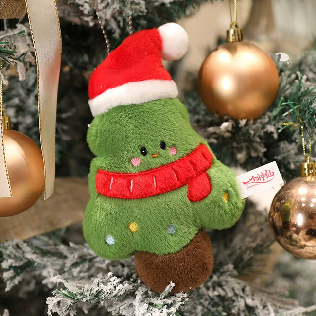 Adorable Mini Festive Tree Plushie Pendant with Red Hat & Scarf | Tree Ornament Hover Image