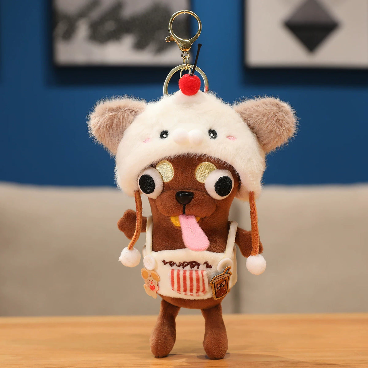 Cute Dark Brown Puppy Dog Plush Keychain with Overalls & Animal Hat - Soft Stuffed Pendant