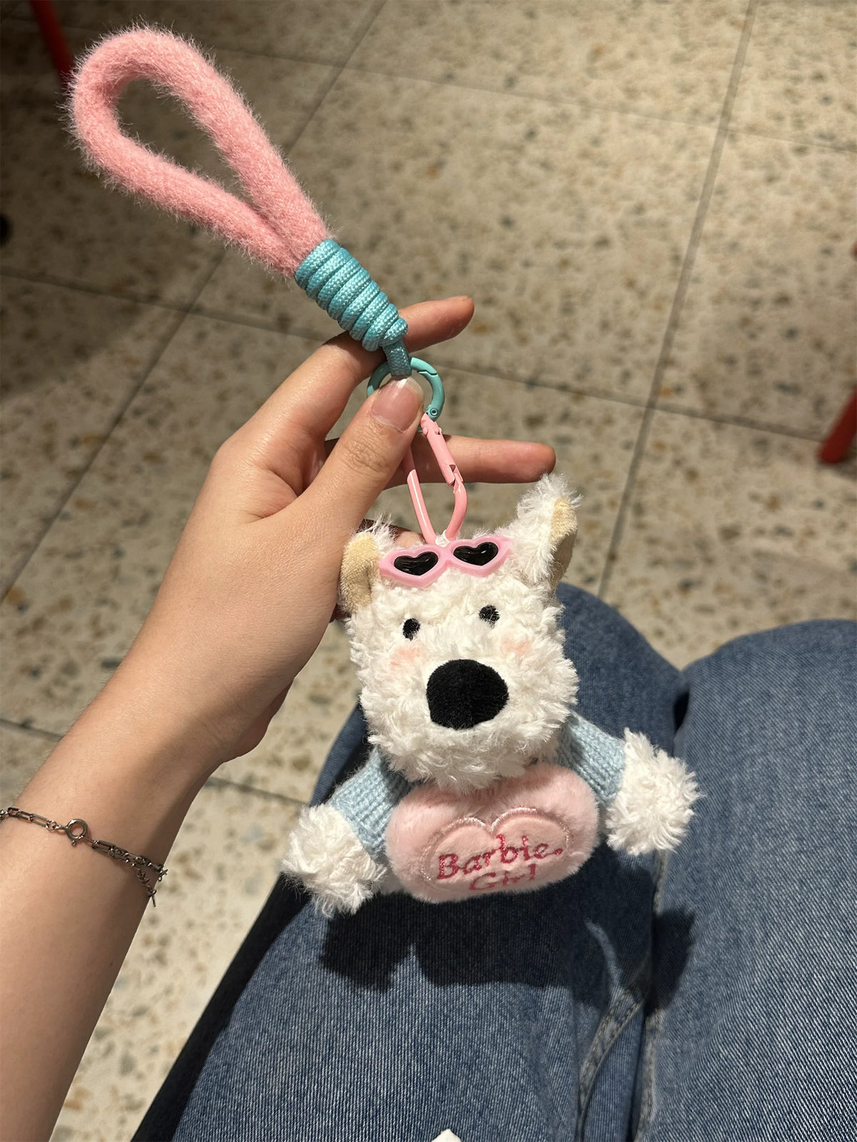 Cute Puppy Dog Plush Keychain with Blue Sweater & "Barbie Girl" Heart Pillow - Soft Stuffed Pendant