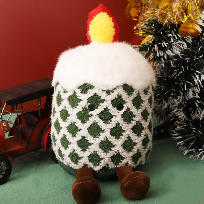 Adorable Festive Green Candle Plushie with Legs | Soft Winter Room & Tree Decor Hover Image