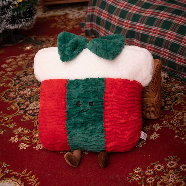 Adorable Festive Present Cushion with Green Bow & Smiling Face | Soft Decor Hover Image