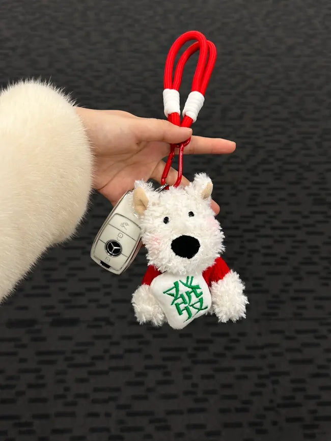 Cute Puppy Dog Plush Keychain with Red Sweater & Lucky "FA" Pillow - Soft Stuffed Pendant Hover Image