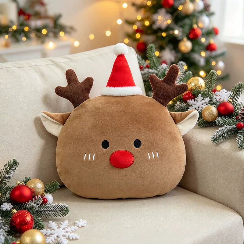 Adorable Festive Elk Head Cushion Wearing a Santa Hat | Soft Sofa Decor