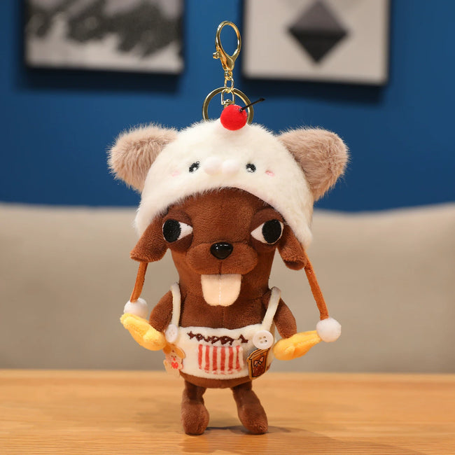 Cute Brown Puppy Dog Plush Keychain with Overalls & Animal Hat - Soft Stuffed Pendant Hover Image