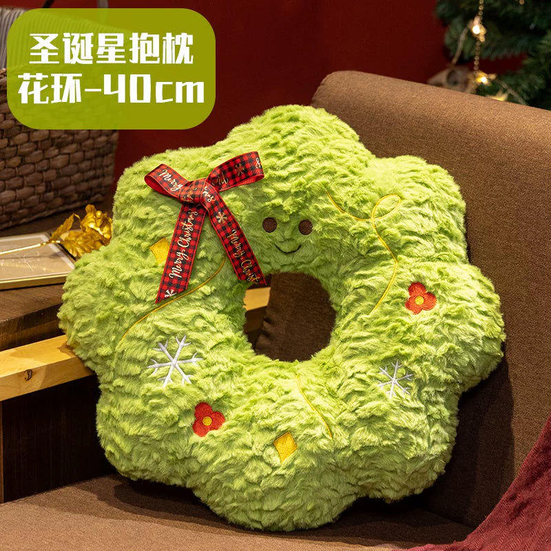 Adorable Festive Wreath Cushion with Plaid Bow & Embroidery | Soft Sofa Decor