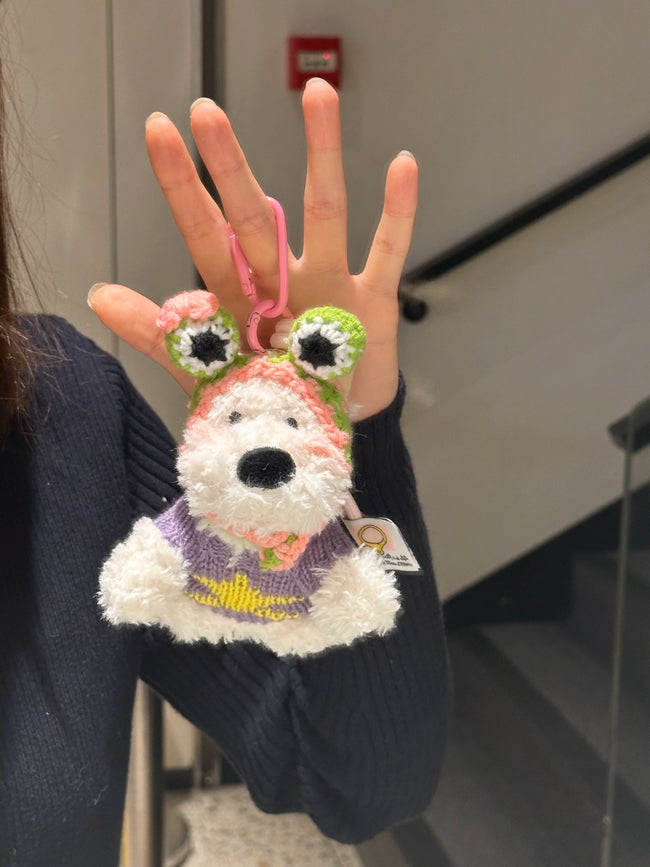 Cute Puppy Dog Plush Keychain with Frog Hat - Soft Stuffed Pendant Hover Image