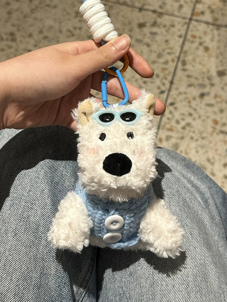Cute Puppy Dog Plush Keychain with Blue Cardigan & Sunglasses - Soft Stuffed Pendant