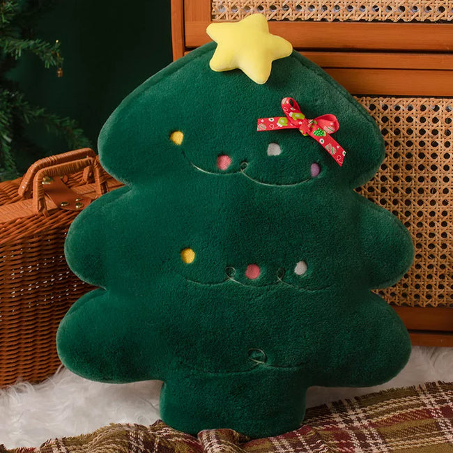 Adorable Festive Tree Cushion with Star Topper & Ribbon Bow | Soft Decor Hover Image