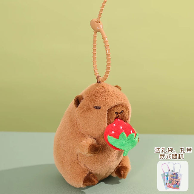 Cute Capybara Plush Keychain with Strawberry - Soft Cartoon Bag Charm Hover Image