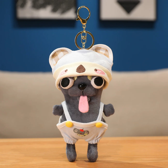 Cute Dark Grey Puppy Dog Plush Keychain with Overalls & Bear Hat - Soft Stuffed Pendant Hover Image