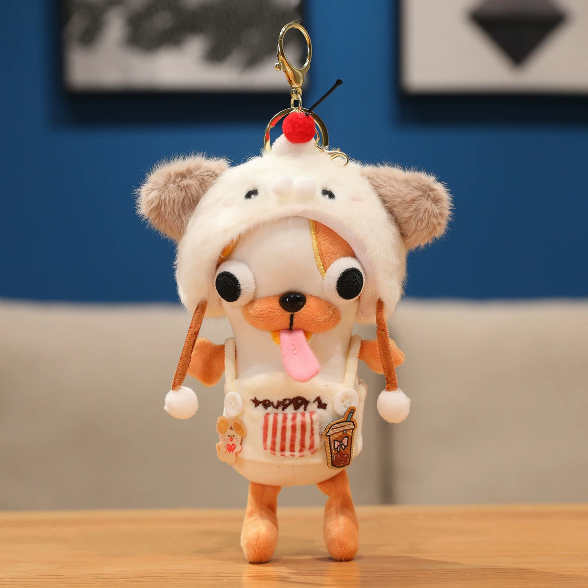 Cute Yellow Puppy Dog Plush Keychain with Overalls & Animal Hat - Soft Stuffed Pendant