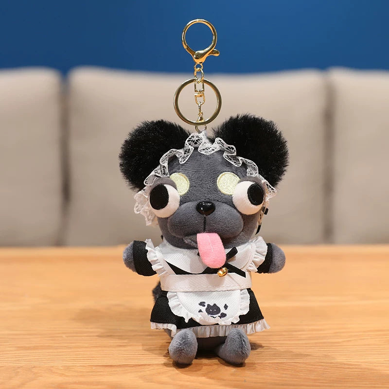 Cute Dark Grey Puppy Dog Plush Keychain in Maid Costume - Soft Stuffed Pendant