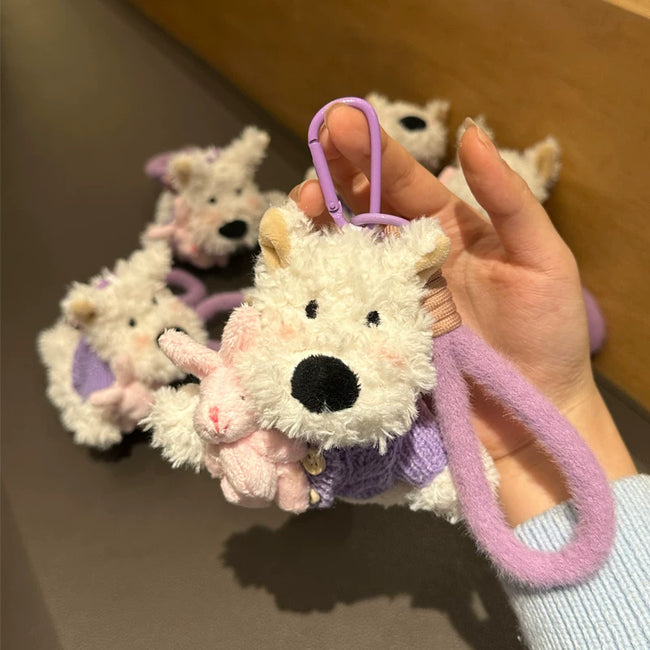 Cute Puppy Dog Plush Keychain with Purple Cardigan - Soft Stuffed Pendant Hover Image