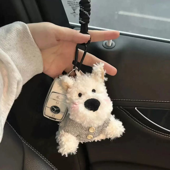 Cute Puppy Dog Plush Keychain with Grey Sweater - Soft Stuffed Pendant Hover Image