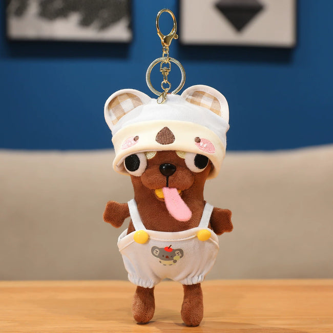 Cute Dark Brown Puppy Dog Plush Keychain with Overalls & Bear Hat - Soft Stuffed Pendant Hover Image