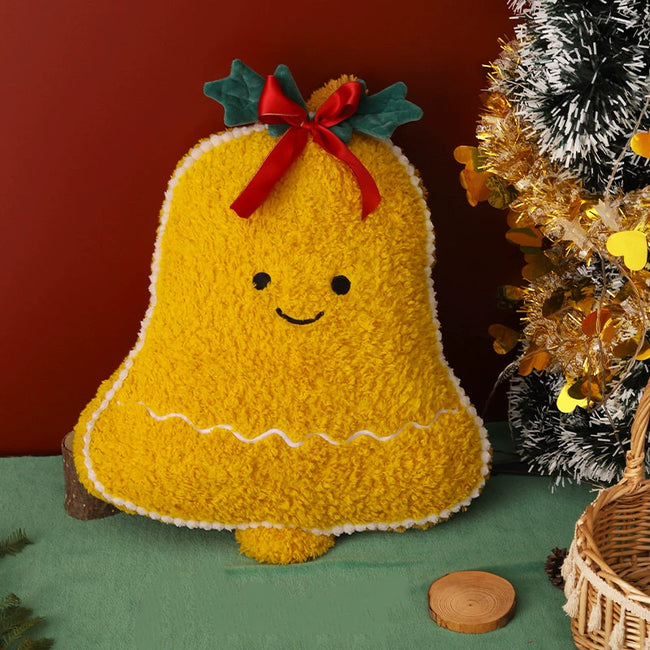 Adorable Festive Christmas Bell Cushion with Red Bow & Smiling Face | Soft Decor Hover Image
