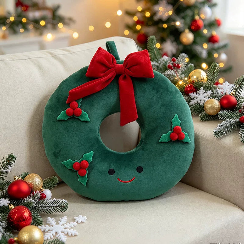 Adorable Festive Christmas Wreath Cushion with Red Bow & Holly Berries | Soft Sofa Decor