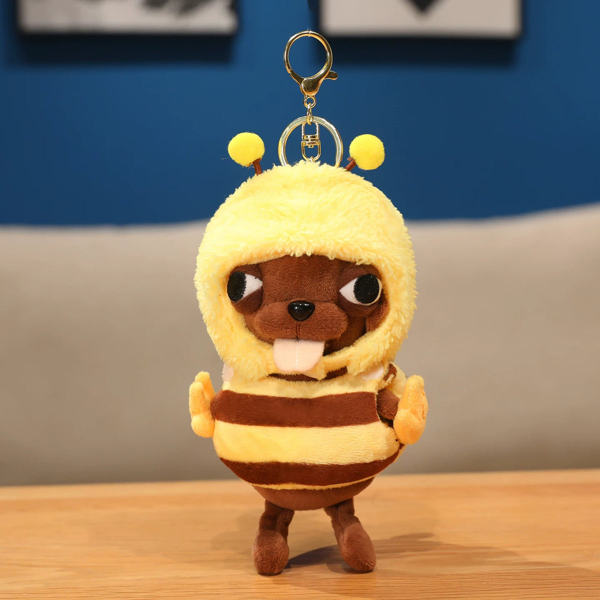 Cute Brown Puppy Dog Plush Keychain in Bumblebee Costume - Soft Stuffed Pendant